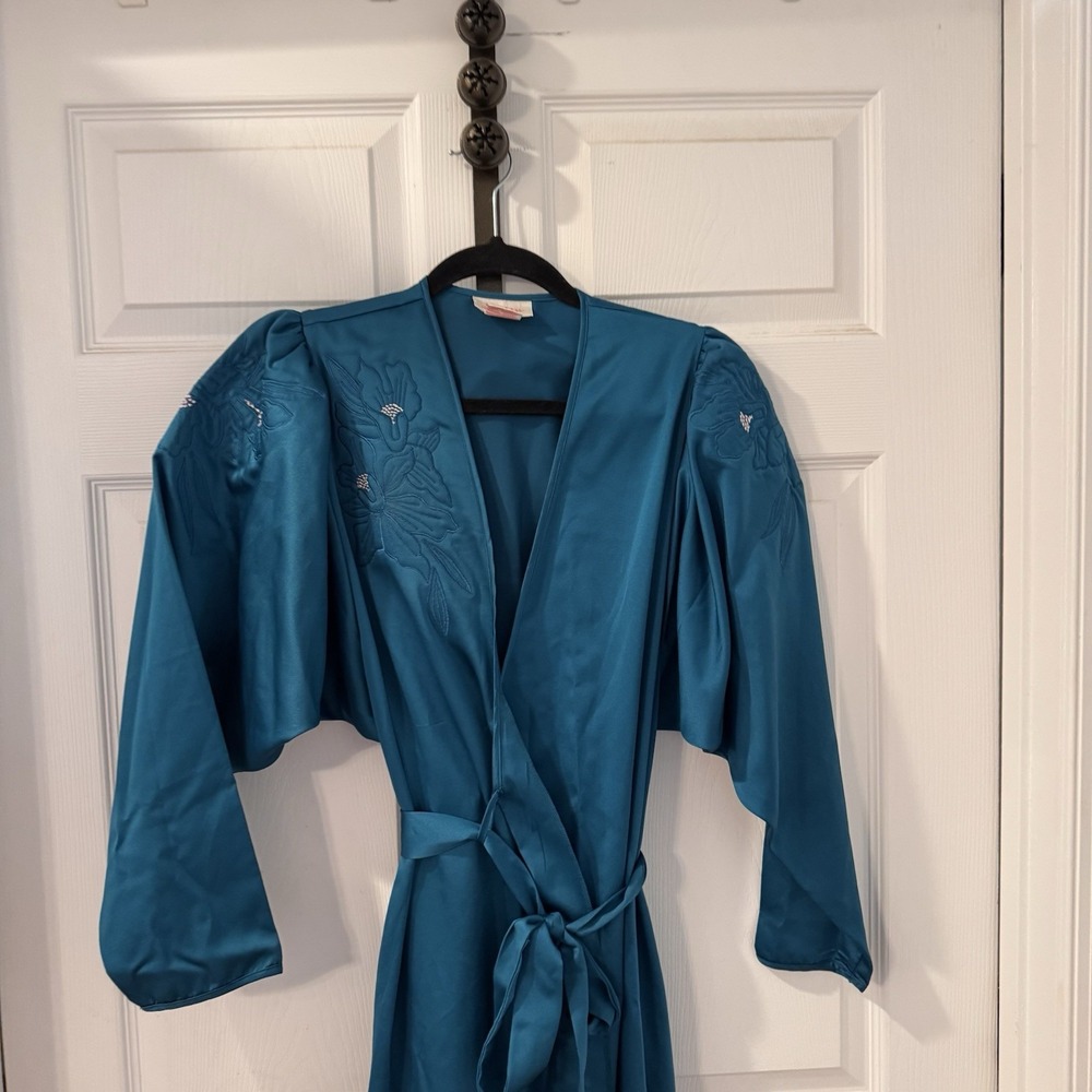 Vintage Louisa‎ Women's Robe Long Sleeve Turquoise Shoulder Pads embroidered
